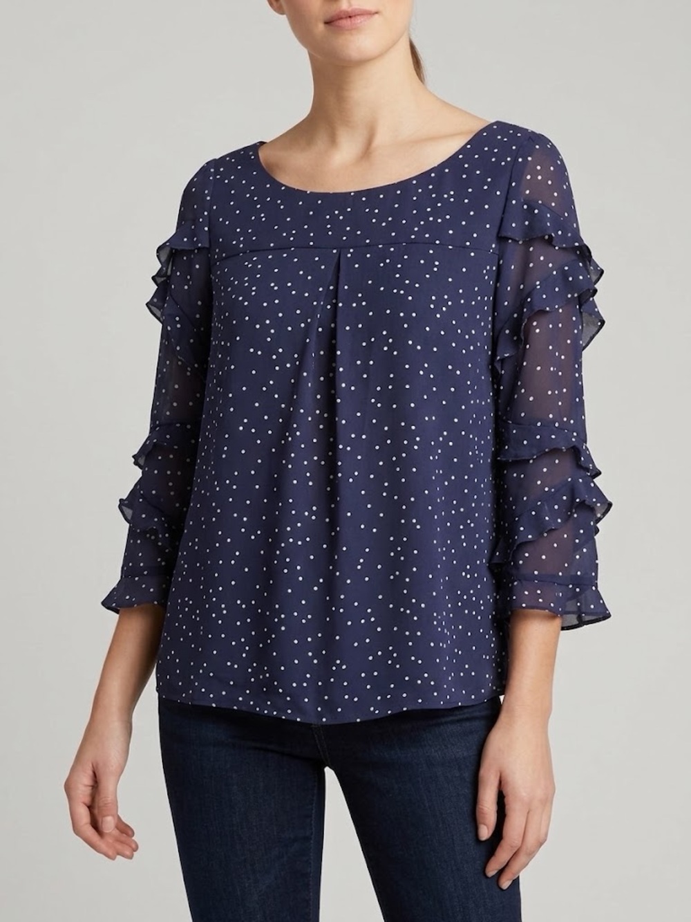 Maeve for Anthropologie - Navy Polka Dot Ruffle Sleeve Blouse